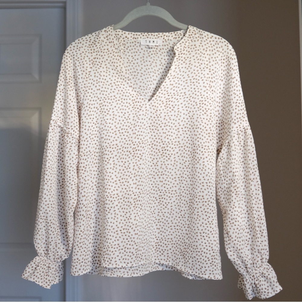 White Patterned V-Neck Blouse with ruffle sleeves